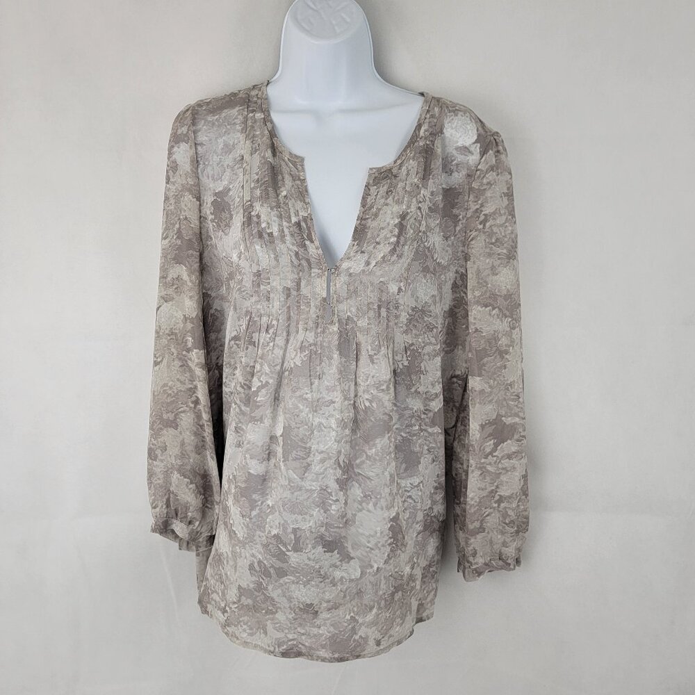 JOIE Womens MEDIUM Carim V-Neck Gray Floral Silk Top Blouse Semi Sheer